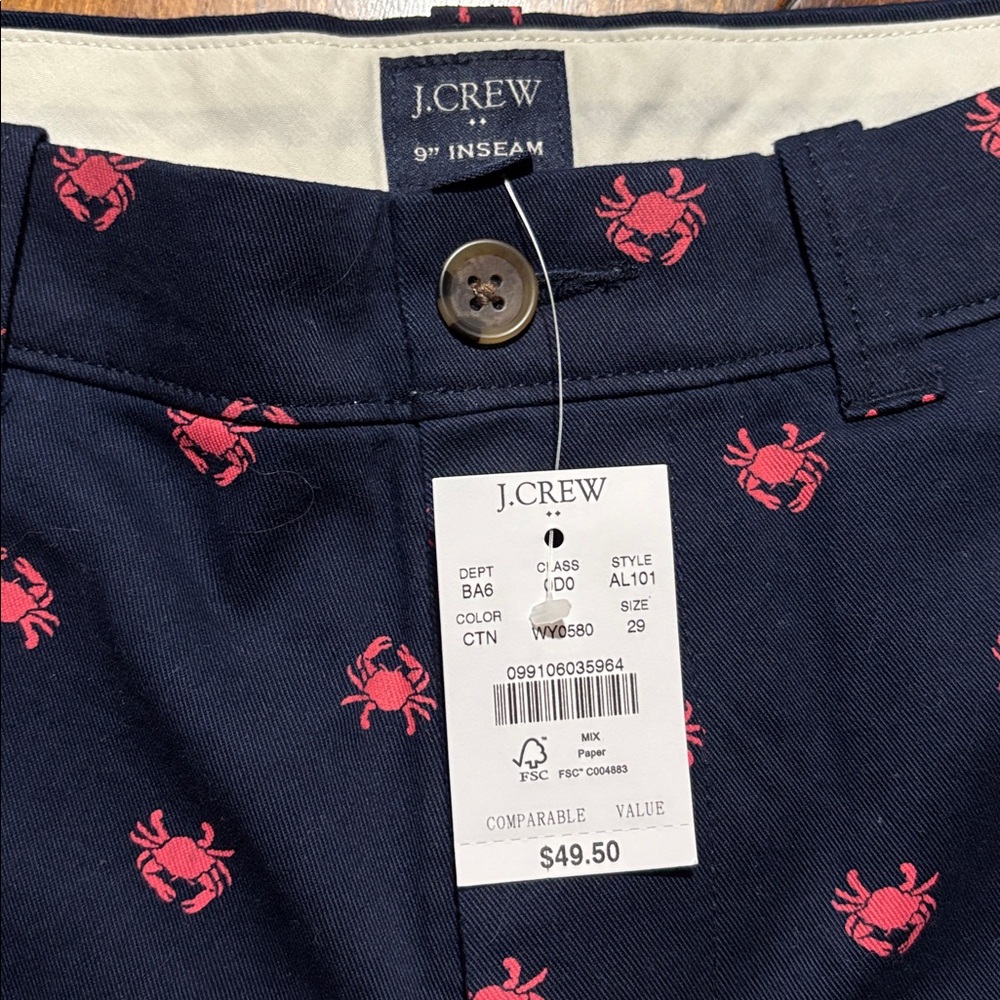 NWT Men’s‎ J. Crew Navy Shorts with Pink Crab Design Size 29 - Picture 2 of 3